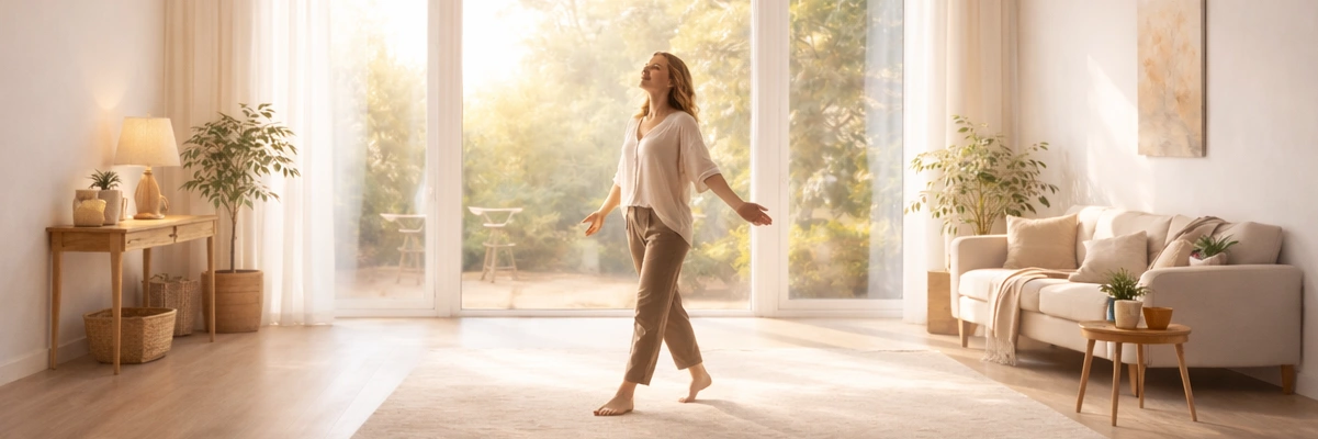 Personne en mouvement calme dans une pièce lumineuse, évoquant l’élan intérieur.